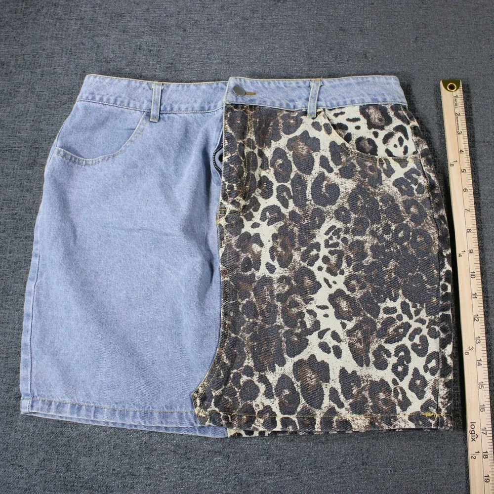 Arkling Womens XL Denim Mini Skirt Two Tone Leopard Print Blue‎ Light Wash Split